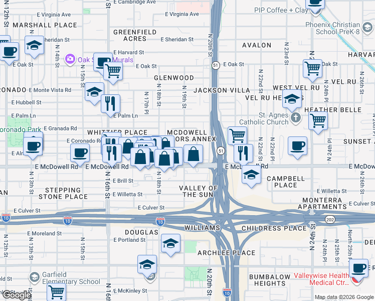 map of restaurants, bars, coffee shops, grocery stores, and more near 1901 East Almeria Road in Phoenix