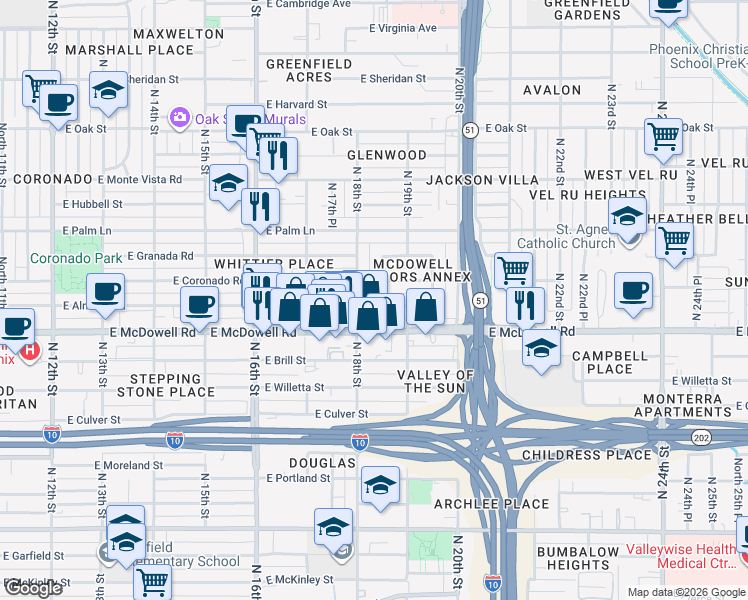 map of restaurants, bars, coffee shops, grocery stores, and more near 1614 North 18th Place in Phoenix