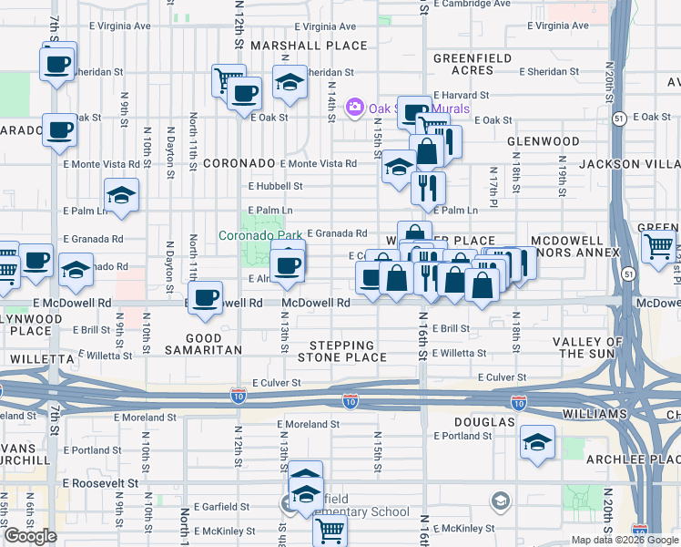 map of restaurants, bars, coffee shops, grocery stores, and more near 1413 East Almeria Road in Phoenix
