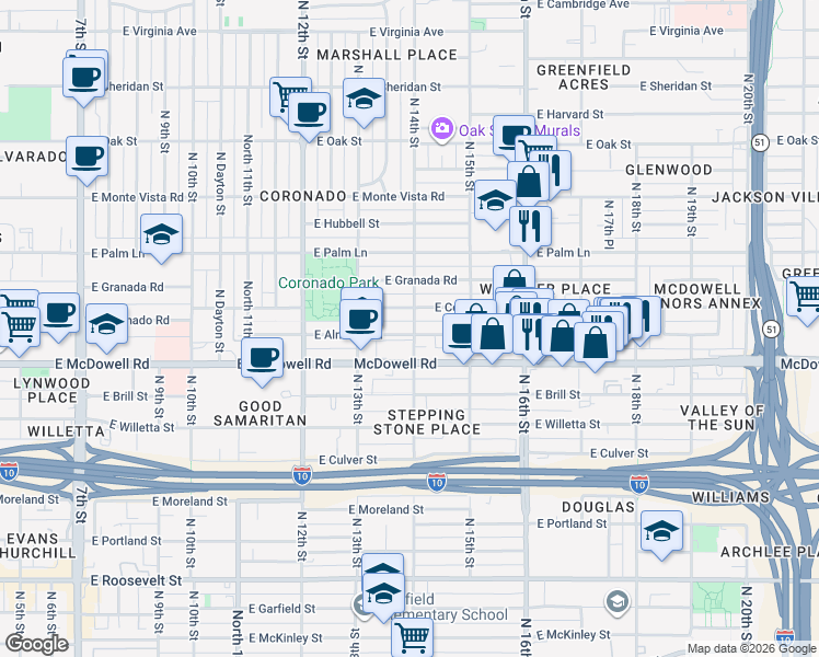 map of restaurants, bars, coffee shops, grocery stores, and more near 1413 East Almeria Road in Phoenix