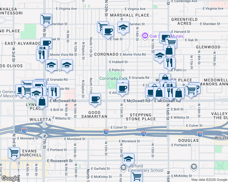 map of restaurants, bars, coffee shops, grocery stores, and more near 1201 East Almeria Road in Phoenix