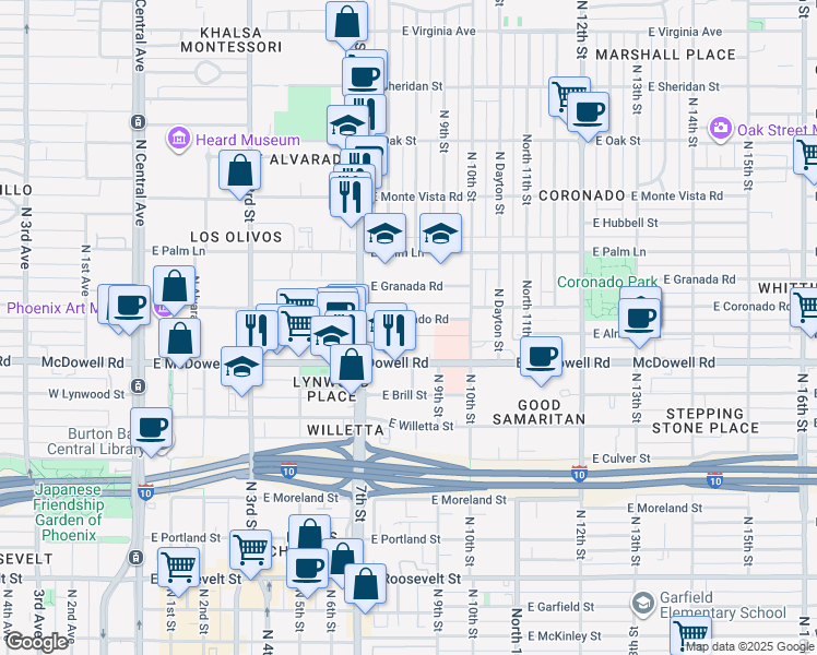 map of restaurants, bars, coffee shops, grocery stores, and more near 728 East McDowell Road in Phoenix