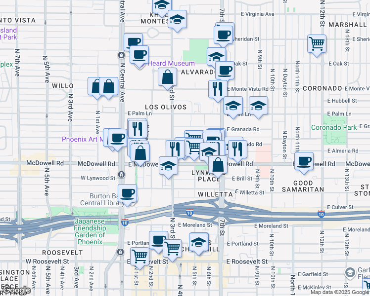 map of restaurants, bars, coffee shops, grocery stores, and more near 326 East McDowell Road in Phoenix