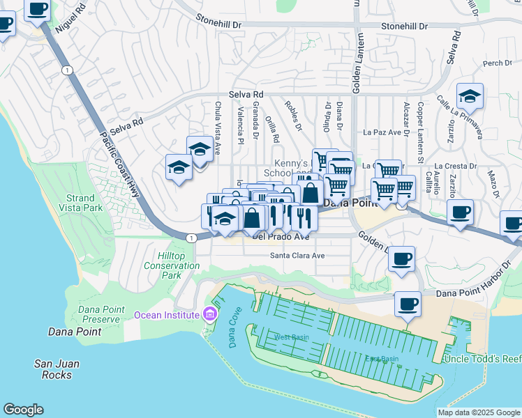 map of restaurants, bars, coffee shops, grocery stores, and more near 34122 South Coast Highway in Dana Point