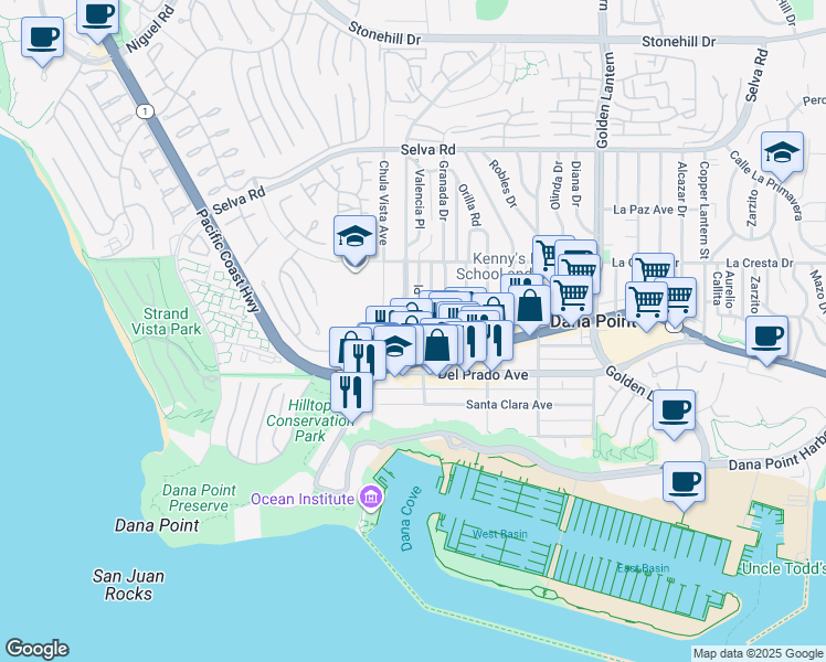 map of restaurants, bars, coffee shops, grocery stores, and more near 34171 Street of the Ruby Lantern in Dana Point