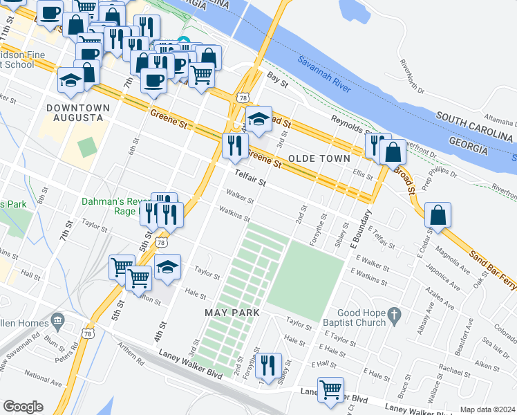 map of restaurants, bars, coffee shops, grocery stores, and more near 246 Walker Street in Augusta