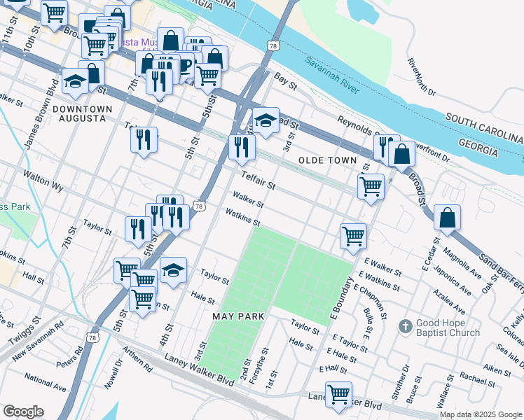 map of restaurants, bars, coffee shops, grocery stores, and more near 246 Walker Street in Augusta