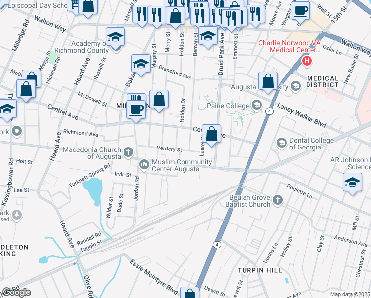 map of restaurants, bars, coffee shops, grocery stores, and more near 1706 Verdery Street in Augusta