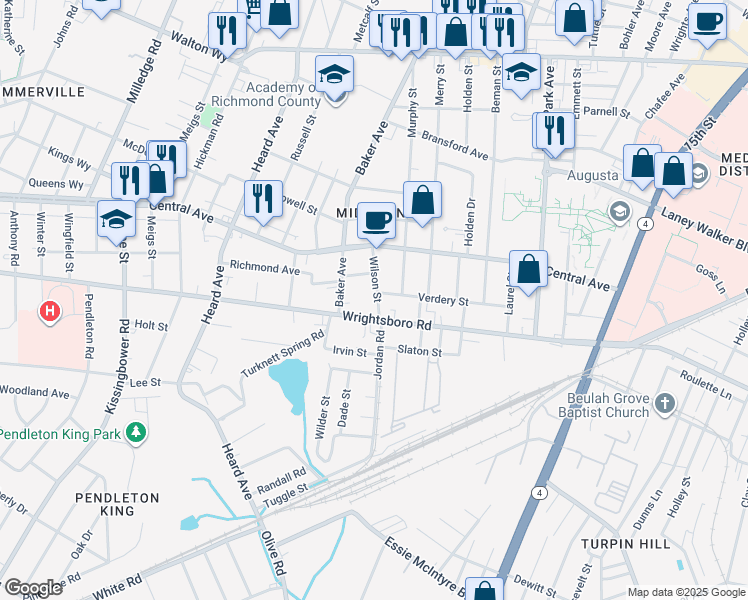 map of restaurants, bars, coffee shops, grocery stores, and more near 1802 Wilson Street in Augusta