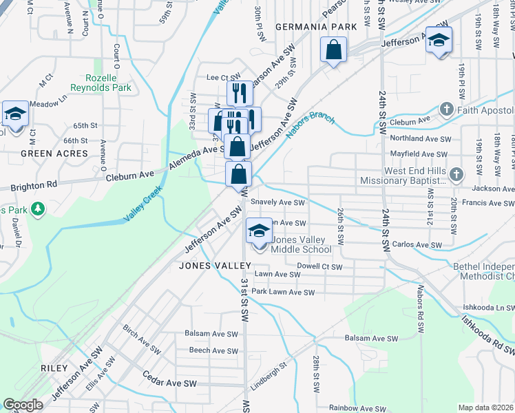 map of restaurants, bars, coffee shops, grocery stores, and more near 2920 Dawson Avenue Southwest in Birmingham