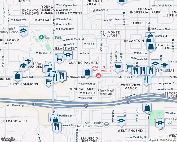 map of restaurants, bars, coffee shops, grocery stores, and more near 1625 North 40th Street in Phoenix