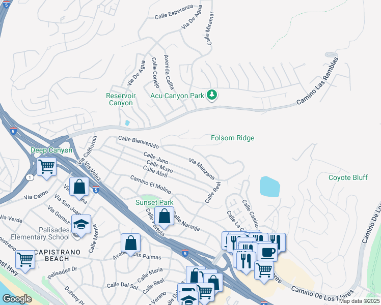 map of restaurants, bars, coffee shops, grocery stores, and more near 4001 Calle Bienvenido in San Clemente