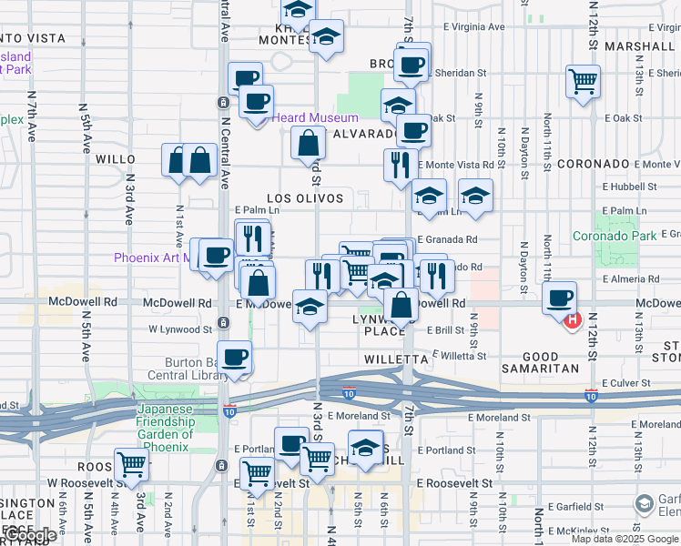 map of restaurants, bars, coffee shops, grocery stores, and more near 326 East McDowell Road in Phoenix
