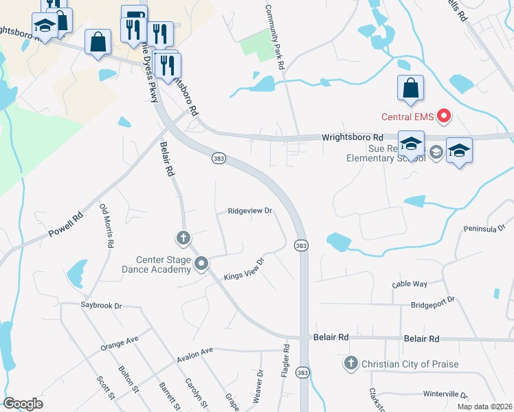 map of restaurants, bars, coffee shops, grocery stores, and more near 2817 Ridgeview Drive in Augusta