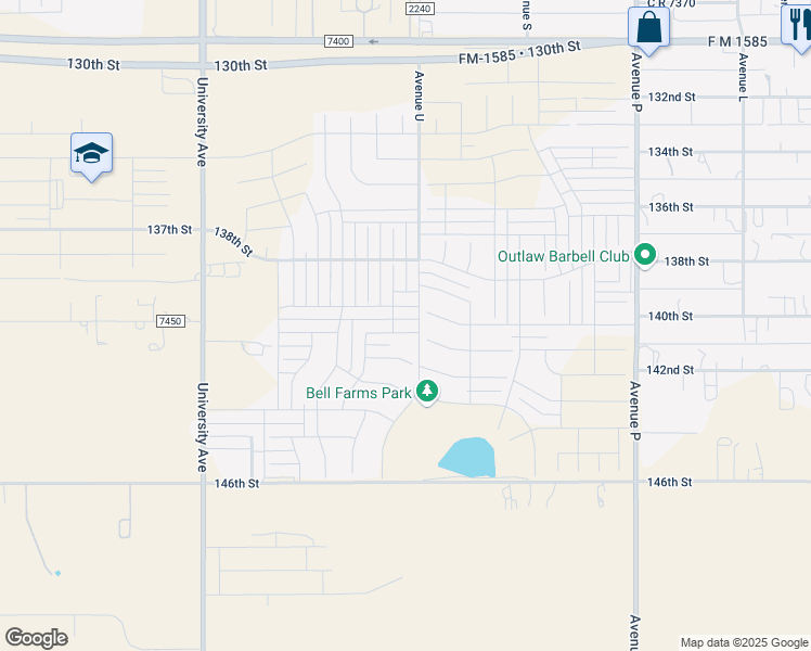map of restaurants, bars, coffee shops, grocery stores, and more near 2103 139th Street in Lubbock