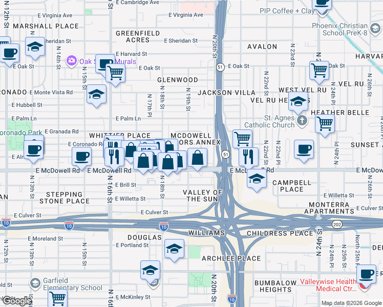 map of restaurants, bars, coffee shops, grocery stores, and more near 1901 East Almeria Road in Phoenix