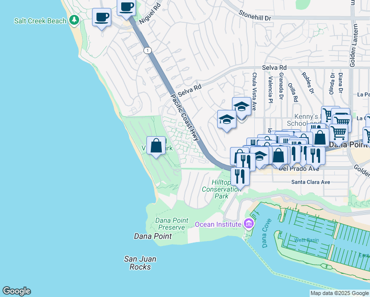 map of restaurants, bars, coffee shops, grocery stores, and more near 34114 Selva Road in Dana Point