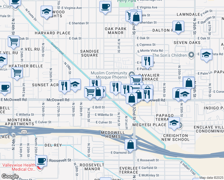 map of restaurants, bars, coffee shops, grocery stores, and more near 1611 North 31st Street in Phoenix
