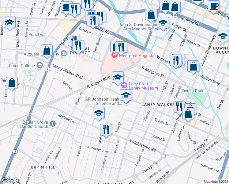 map of restaurants, bars, coffee shops, grocery stores, and more near 1339 Laney Walker Boulevard in Augusta