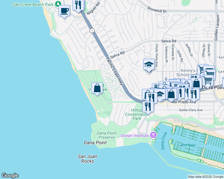 map of restaurants, bars, coffee shops, grocery stores, and more near 34128 Selva Road in Dana Point