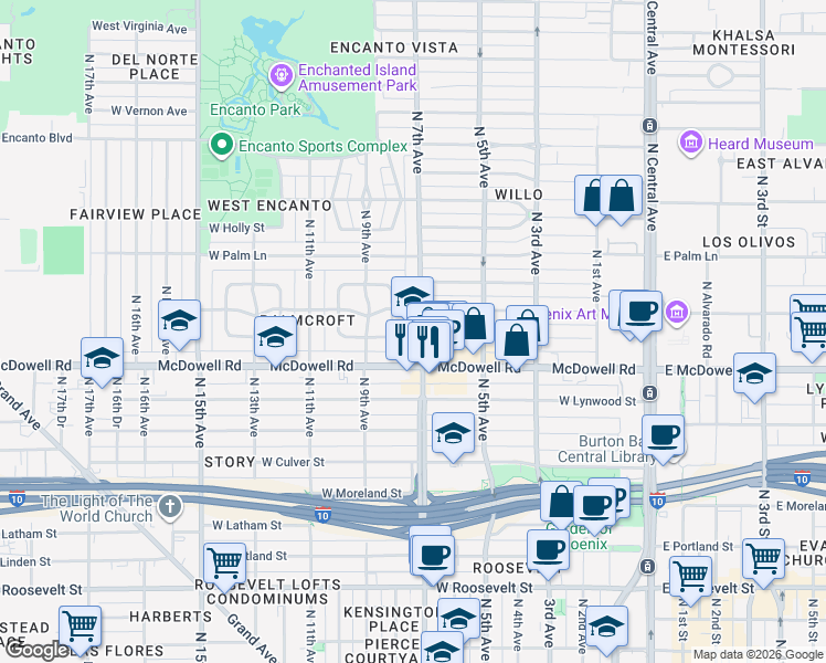 map of restaurants, bars, coffee shops, grocery stores, and more near 1700 North 7th Avenue in Phoenix