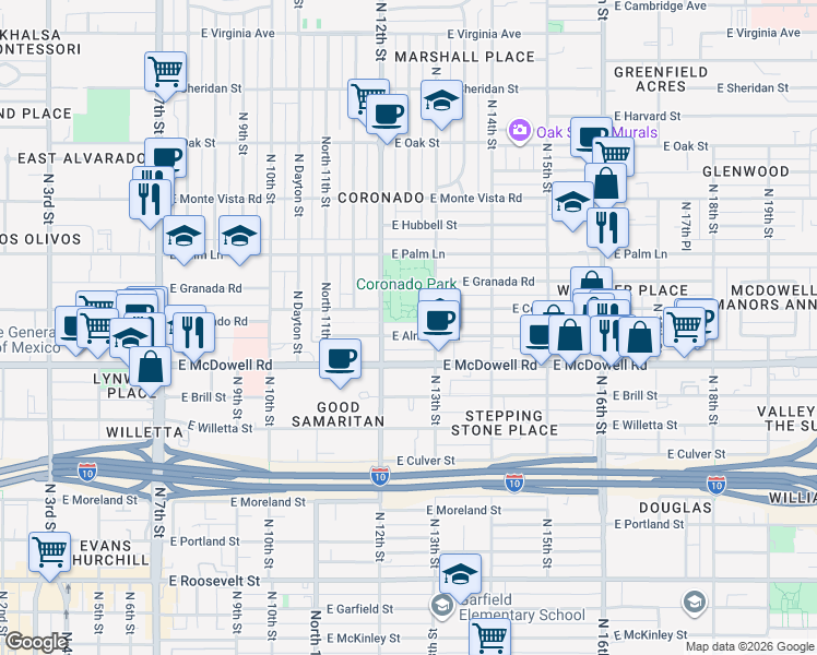 map of restaurants, bars, coffee shops, grocery stores, and more near 1201 East Almeria Road in Phoenix