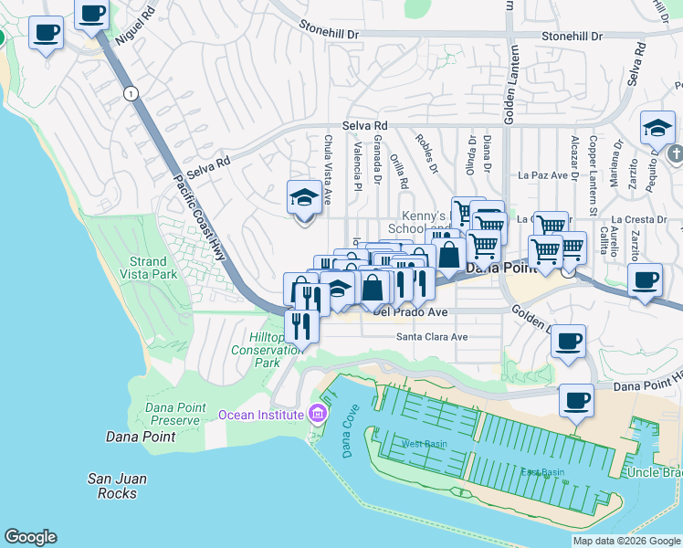 map of restaurants, bars, coffee shops, grocery stores, and more near 34152 Street of the Blue Lantern in Dana Point