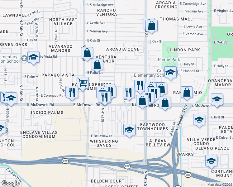 map of restaurants, bars, coffee shops, grocery stores, and more near 4149 East Almeria Road in Phoenix