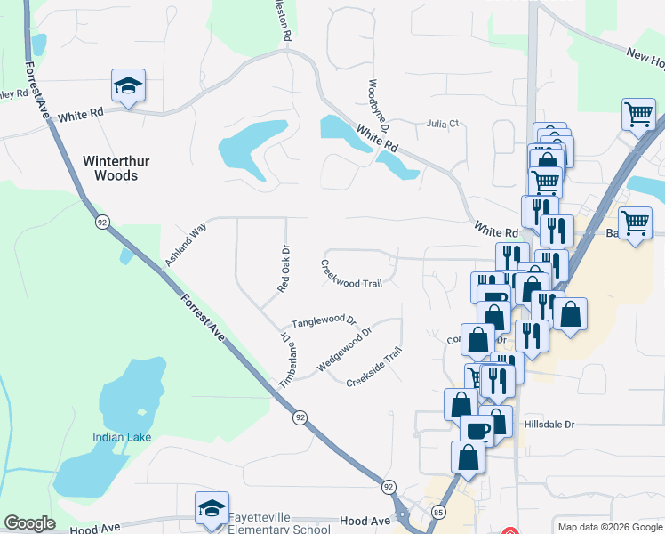 map of restaurants, bars, coffee shops, grocery stores, and more near 200 Creekwood Trail in Fayetteville