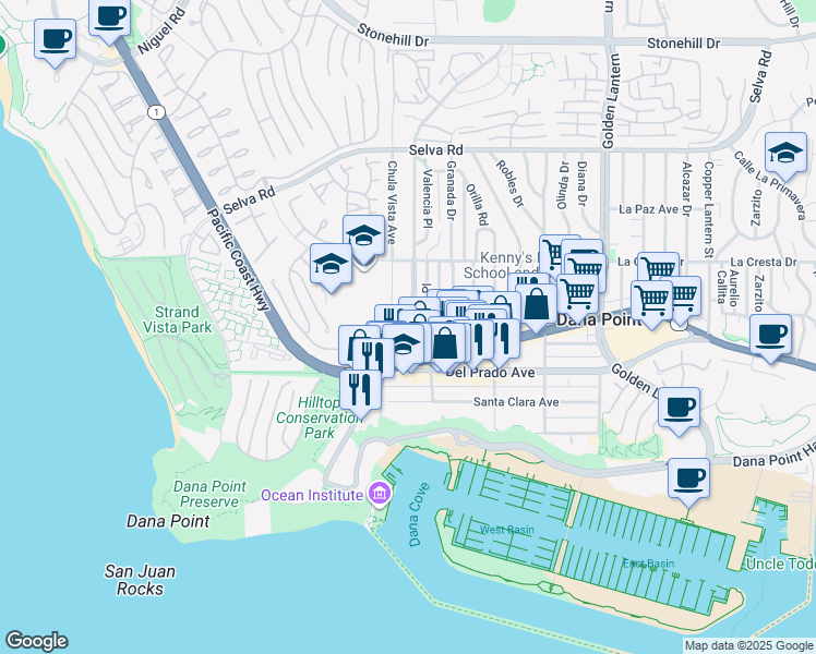 map of restaurants, bars, coffee shops, grocery stores, and more near 34152 Street of the Blue Lantern in Dana Point