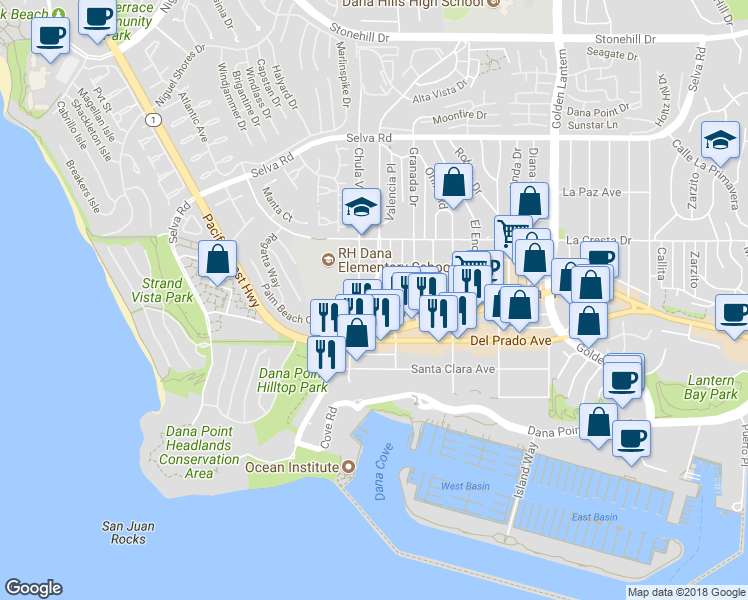map of restaurants, bars, coffee shops, grocery stores, and more near 34152 Street of the Blue Lantern in Dana Point
