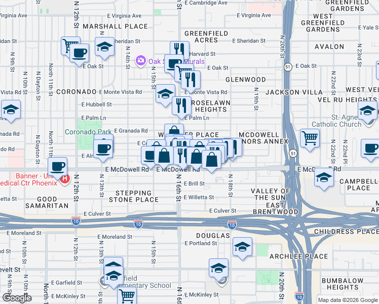 map of restaurants, bars, coffee shops, grocery stores, and more near in Phoenix