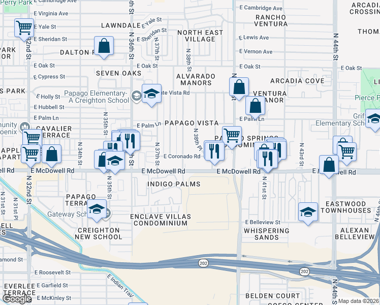 map of restaurants, bars, coffee shops, grocery stores, and more near 3815 East Coronado Road in Phoenix