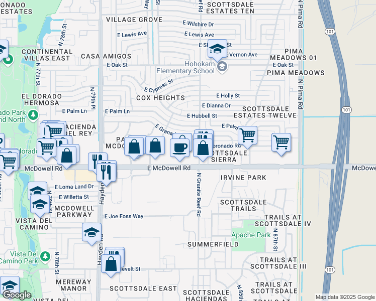 map of restaurants, bars, coffee shops, grocery stores, and more near 1700 North Granite Reef Road in Scottsdale