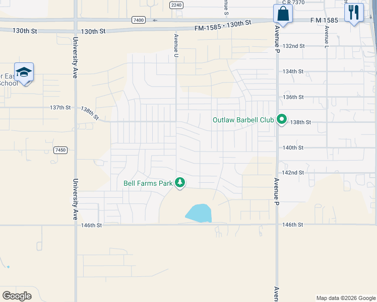 map of restaurants, bars, coffee shops, grocery stores, and more near 2103 139th Street in Lubbock