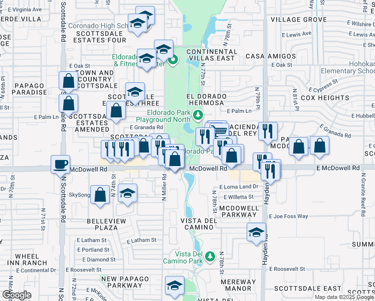 map of restaurants, bars, coffee shops, grocery stores, and more near 7730 East McDowell Road in Scottsdale