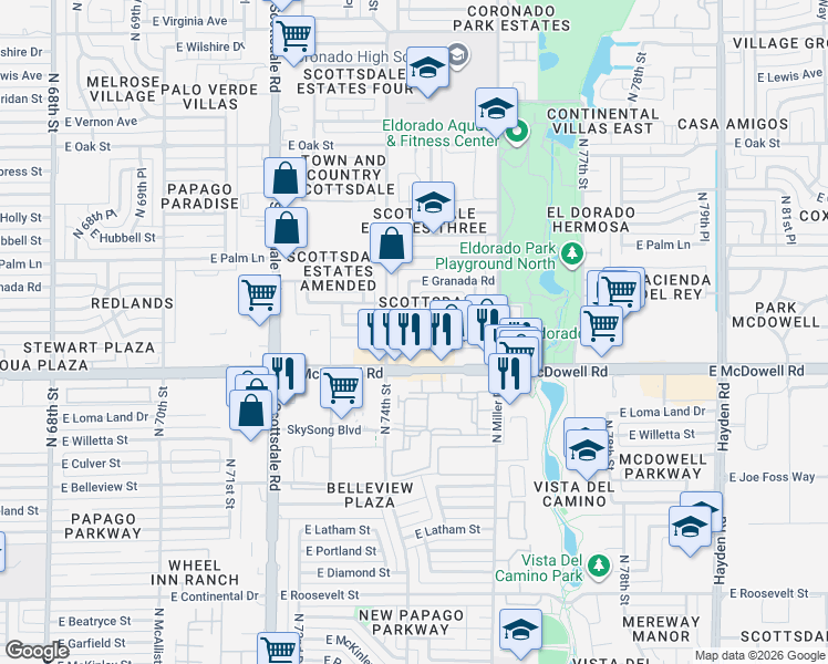 map of restaurants, bars, coffee shops, grocery stores, and more near 7417 East Almeria Road in Scottsdale