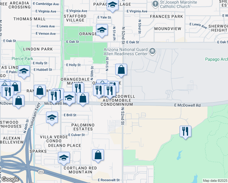 map of restaurants, bars, coffee shops, grocery stores, and more near 1652 North 52nd Street in Phoenix