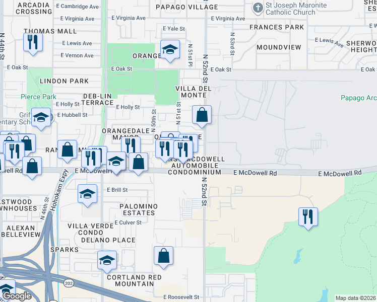 map of restaurants, bars, coffee shops, grocery stores, and more near 1652 North 52nd Street in Phoenix