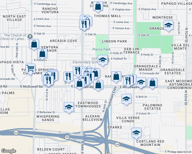 map of restaurants, bars, coffee shops, grocery stores, and more near 4430 East McDowell Road in Phoenix