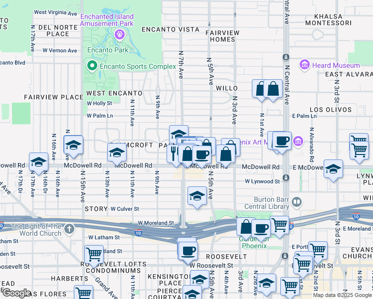 map of restaurants, bars, coffee shops, grocery stores, and more near 1700 North 7th Avenue in Phoenix