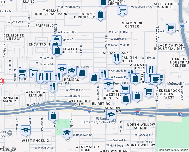 map of restaurants, bars, coffee shops, grocery stores, and more near 1621 North 32nd Avenue in Phoenix