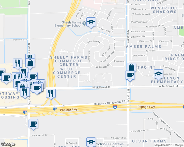 map of restaurants, bars, coffee shops, grocery stores, and more near 1789 North 94th Avenue in Phoenix