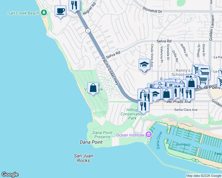 map of restaurants, bars, coffee shops, grocery stores, and more near 34130 Selva Road in Dana Point