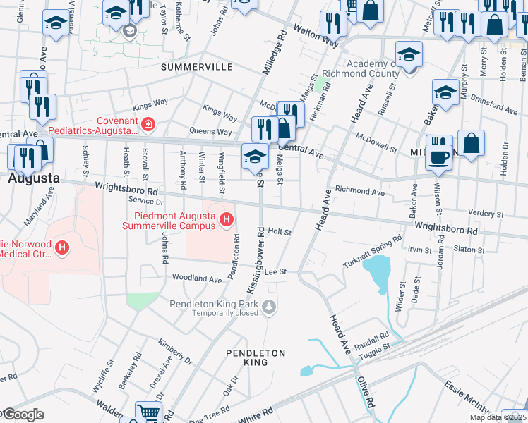 map of restaurants, bars, coffee shops, grocery stores, and more near 1418 Troupe Street in Augusta