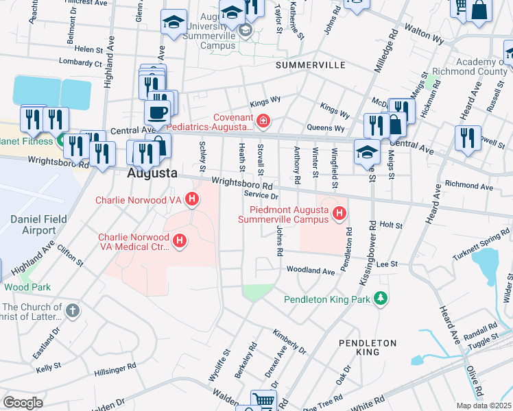 map of restaurants, bars, coffee shops, grocery stores, and more near 1522 Stovall Street in Augusta