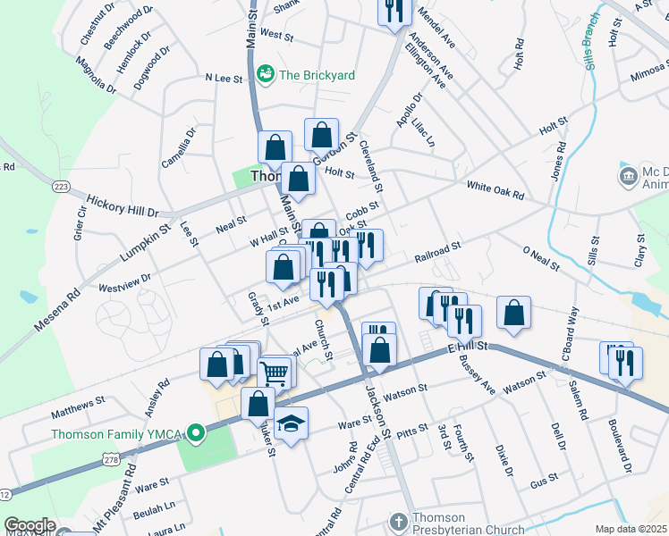 map of restaurants, bars, coffee shops, grocery stores, and more near 110 Central Avenue in Thomson