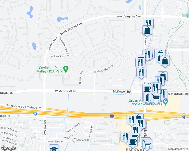 map of restaurants, bars, coffee shops, grocery stores, and more near 3266 North 159th Avenue in Goodyear