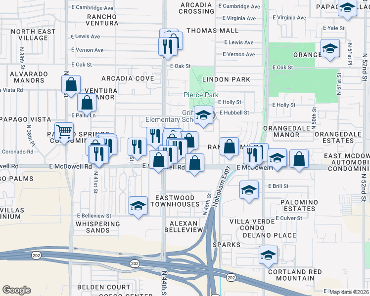map of restaurants, bars, coffee shops, grocery stores, and more near 4430 East McDowell Road in Phoenix