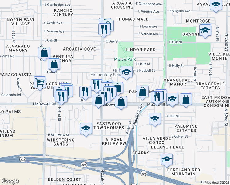map of restaurants, bars, coffee shops, grocery stores, and more near 4430 East McDowell Road in Phoenix